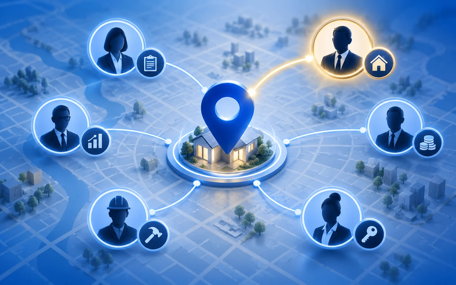 Illustration of real estate professionals connected around a property and market