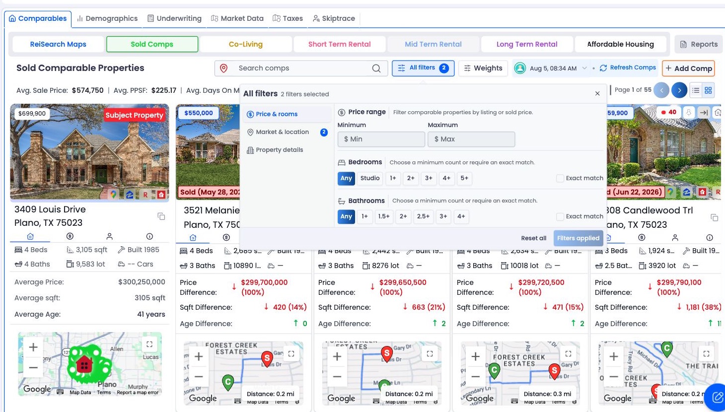 ReiSearch All filters panel showing price, bedroom, bathroom, market and location, and property detail controls