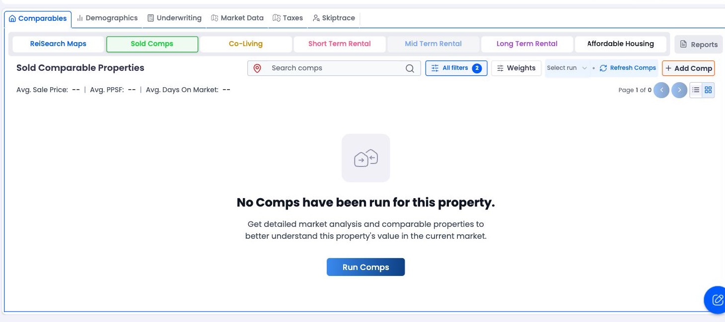 ReiSearch Sold Comps empty state with the Run Comps button before any analysis has been generated