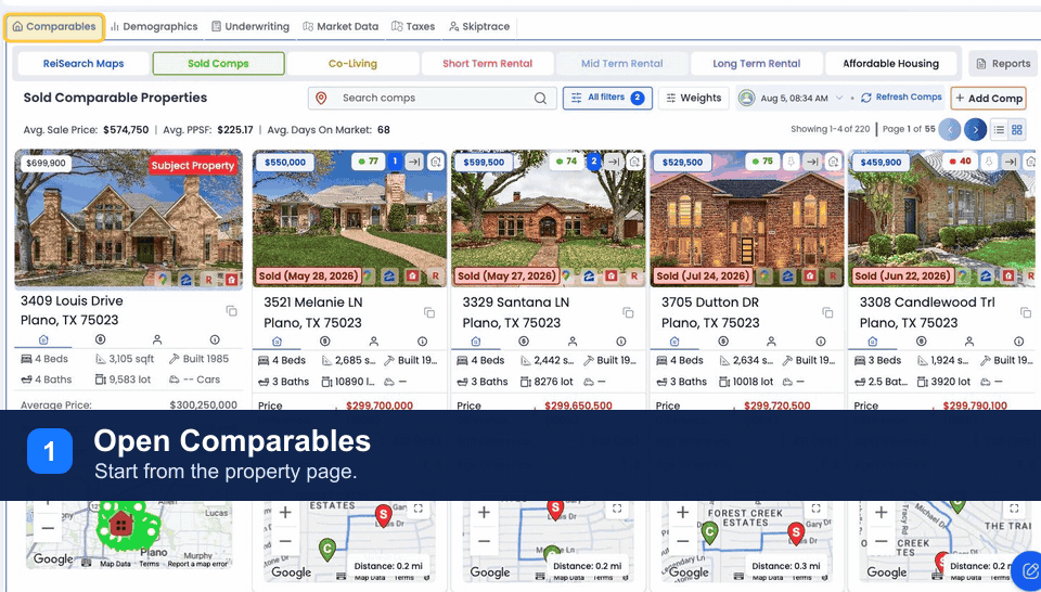 Three-step walkthrough showing how to open Comparables, choose Sold Comps, and review the results