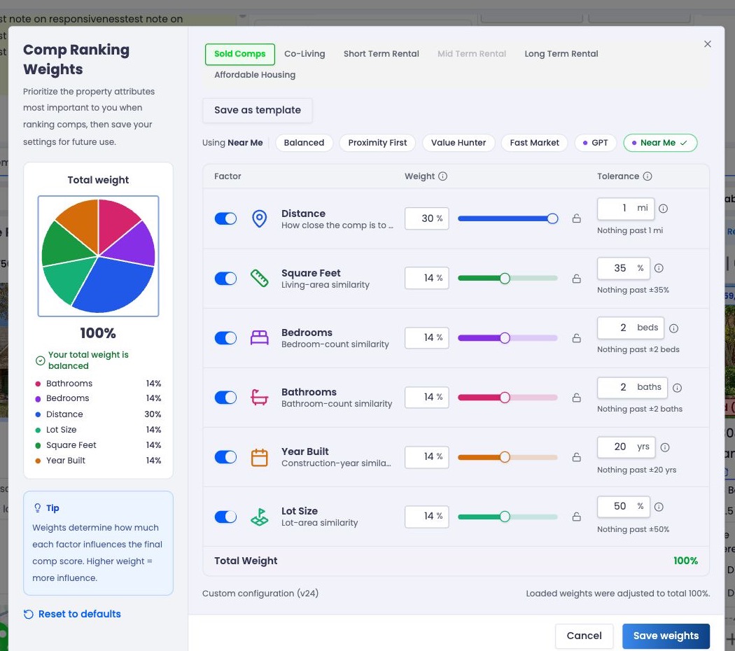 ReiSearch Comp Ranking Weights panel with a total weight chart and controls for distance, square feet, bedrooms, bathrooms, year built, and lot size