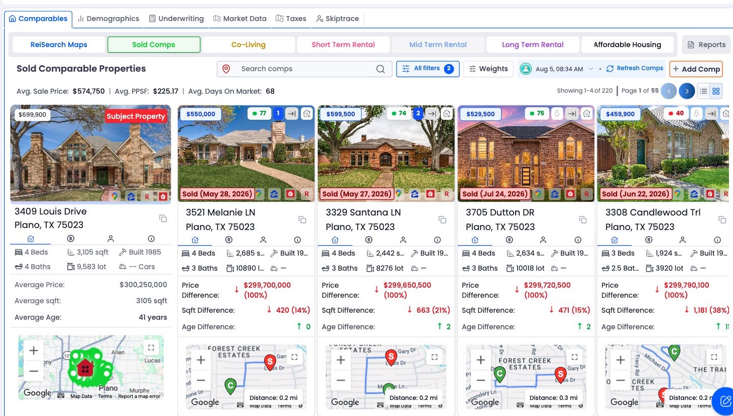 ReiSearch comparable-property results with subject property and analysis controls