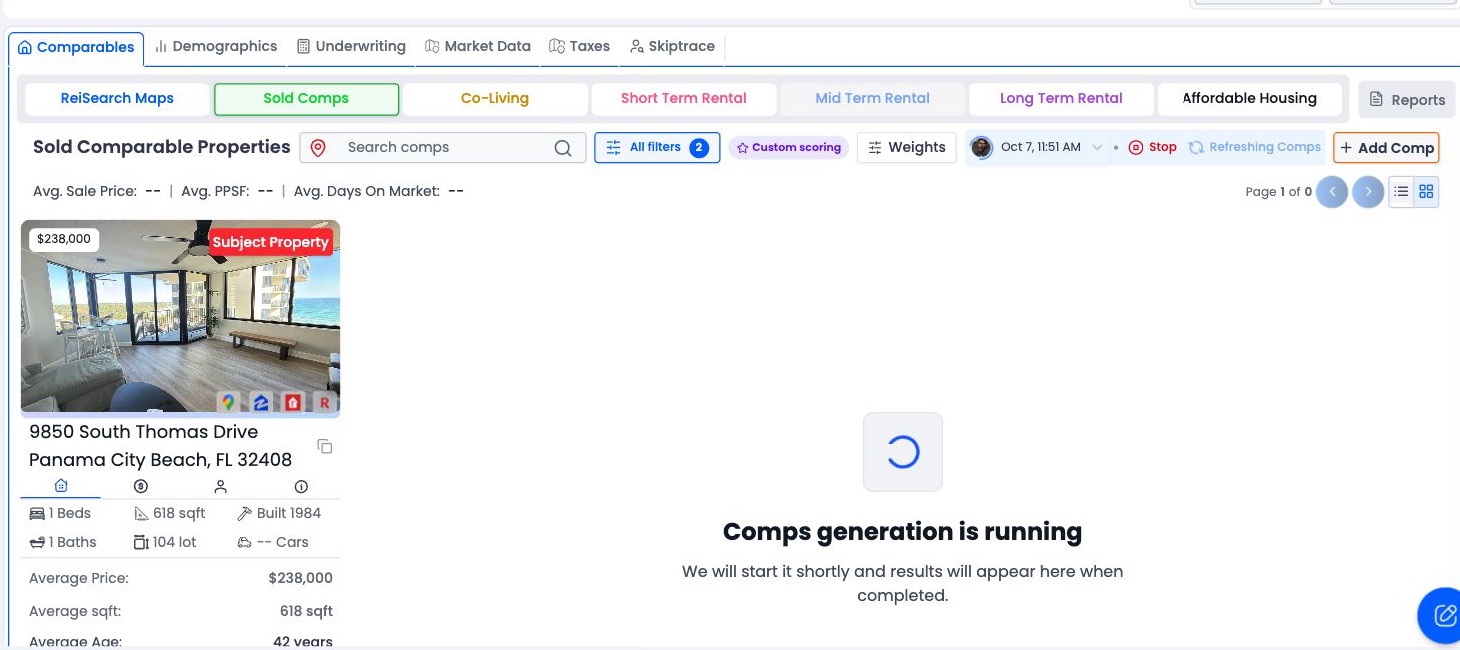 ReiSearch Sold Comps workspace showing a comp generation currently running for the subject property