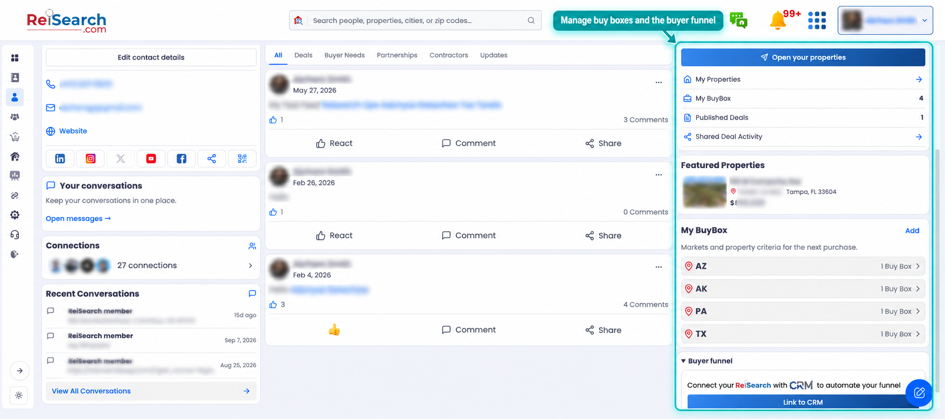 ReiSearch buyer profile with market-specific buy boxes and buyer tools