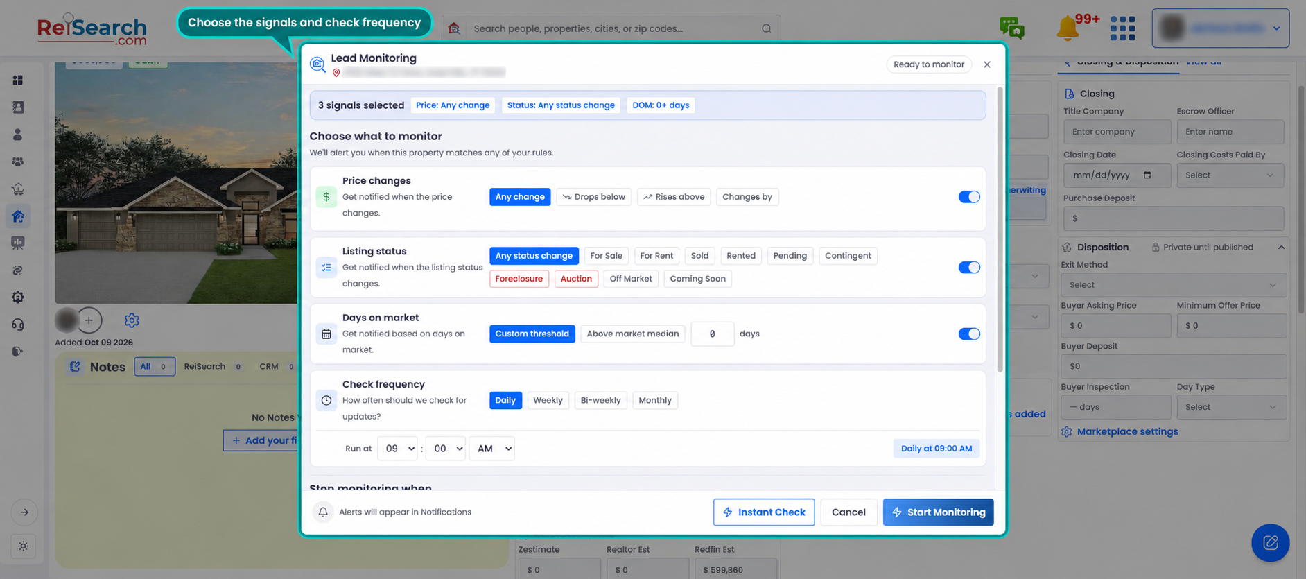 ReiSearch deal-monitoring rules for price and listing changes