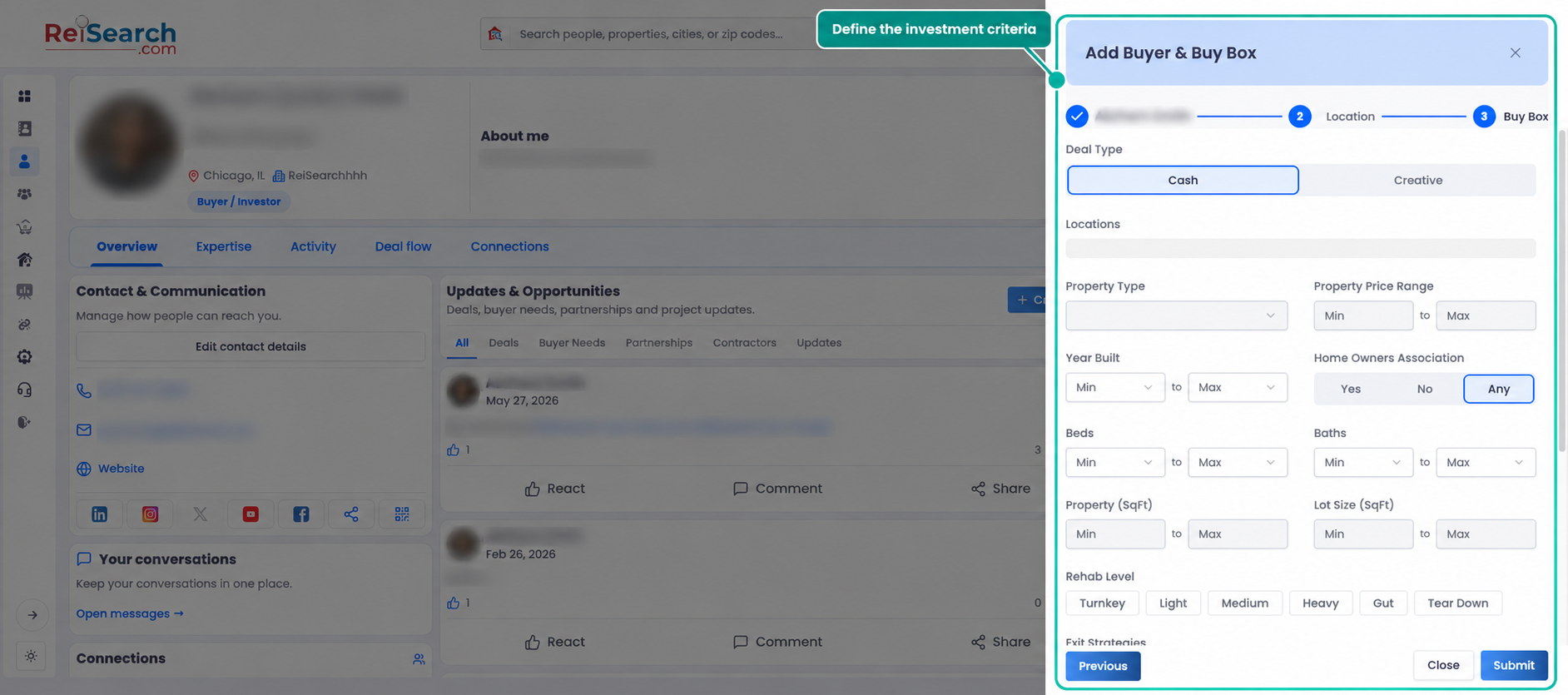 ReiSearch Add Buyer and Buy Box panel showing cash or creative deal type and structured acquisition criteria