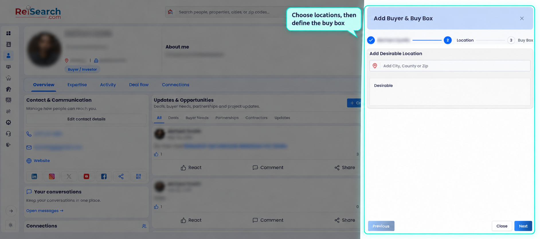 ReiSearch Add Buyer and Buy Box panel at the desirable-location step