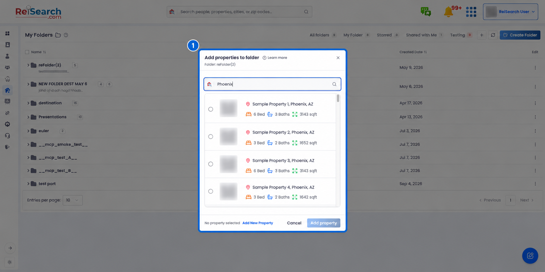 Full ReiSearch Folders workspace with the privacy-redacted Add properties to folder search dialog highlighted in context.