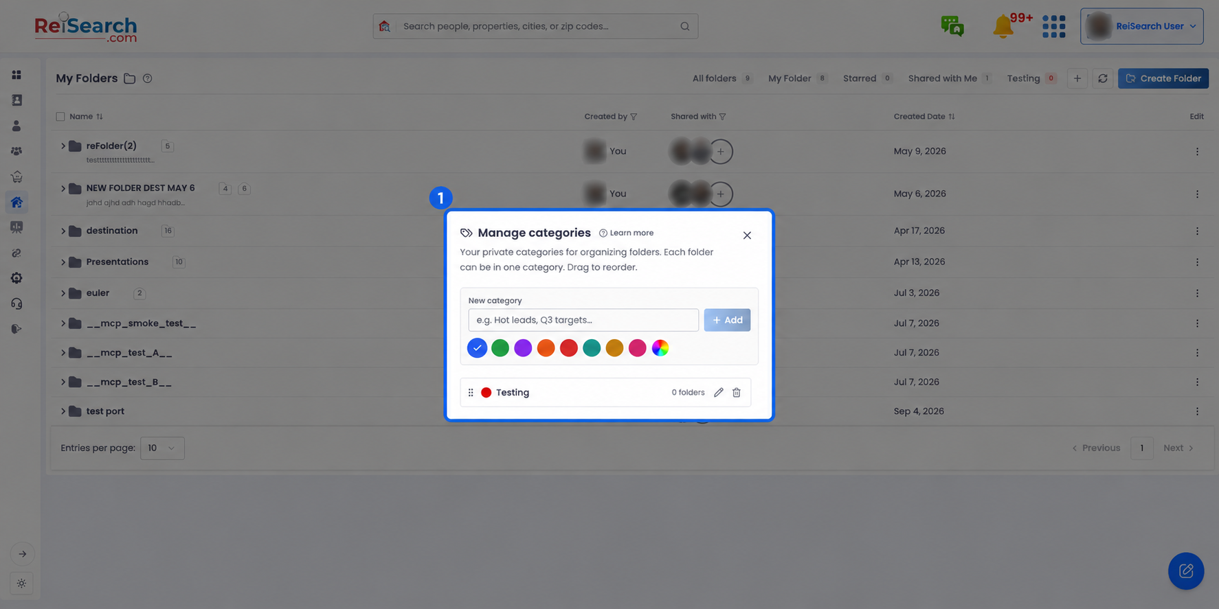 Full ReiSearch Folders workspace with the Manage categories dialog highlighted in context.