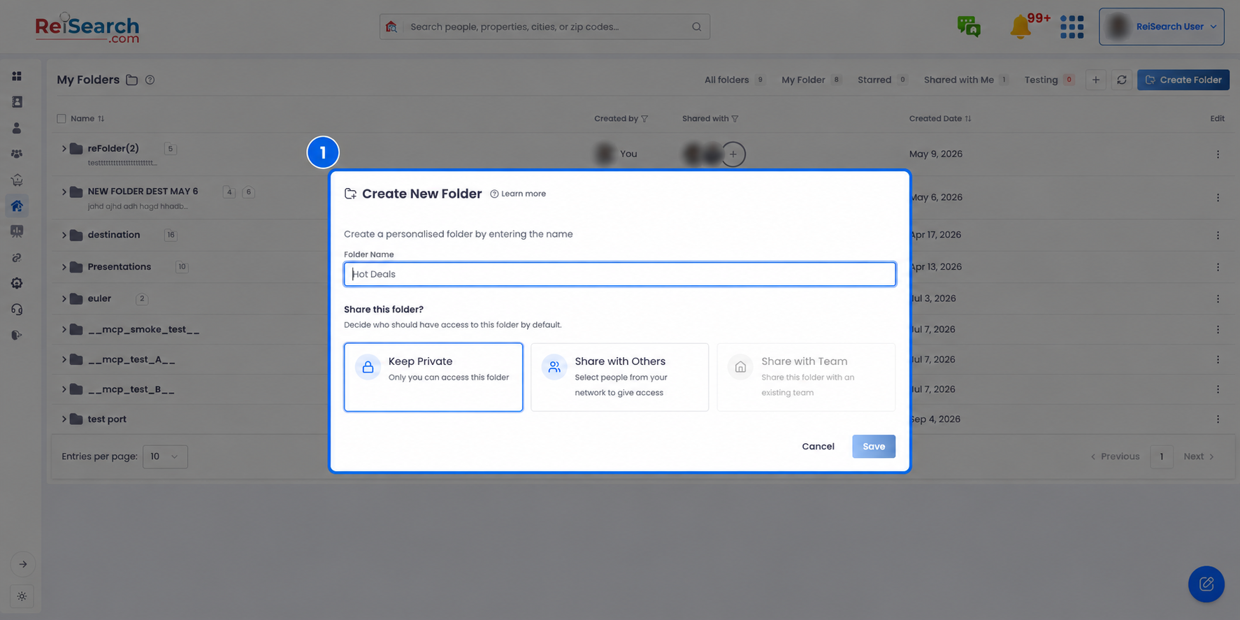 Full ReiSearch Folders workspace with the Create New Folder dialog highlighted in context.