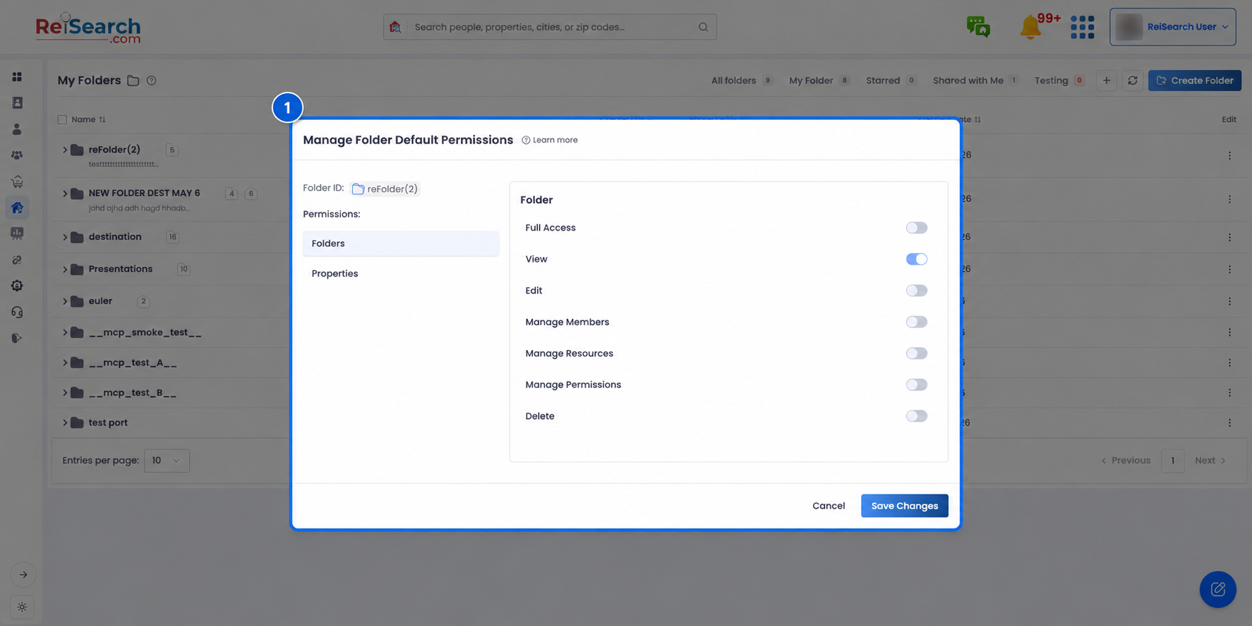 Full ReiSearch Folders workspace with the Manage Folder Default Permissions dialog highlighted in context.