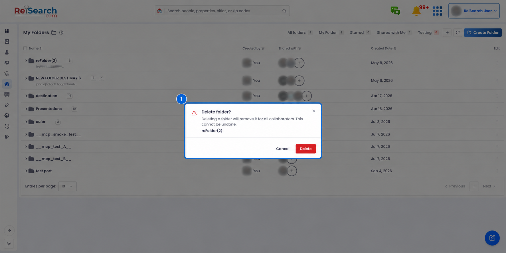 Full ReiSearch Folders workspace with the Delete folder warning highlighted in context.
