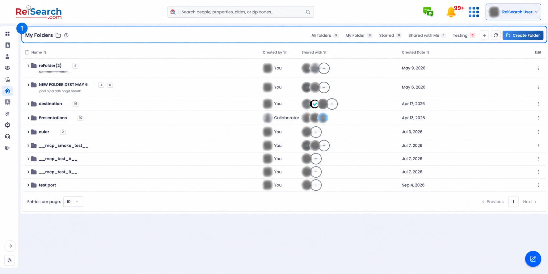 Full ReiSearch Folders workspace with the view tabs, category tabs, refresh action, and Create Folder button highlighted.