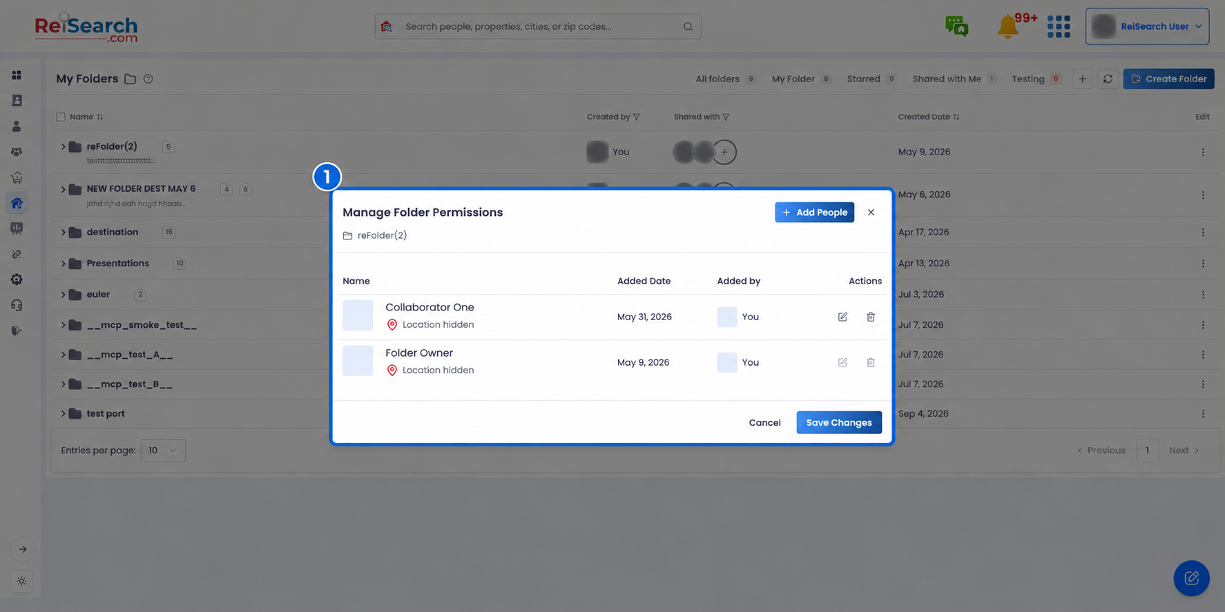 Full ReiSearch Folders workspace with the privacy-redacted Manage Folder Permissions dialog highlighted in context.