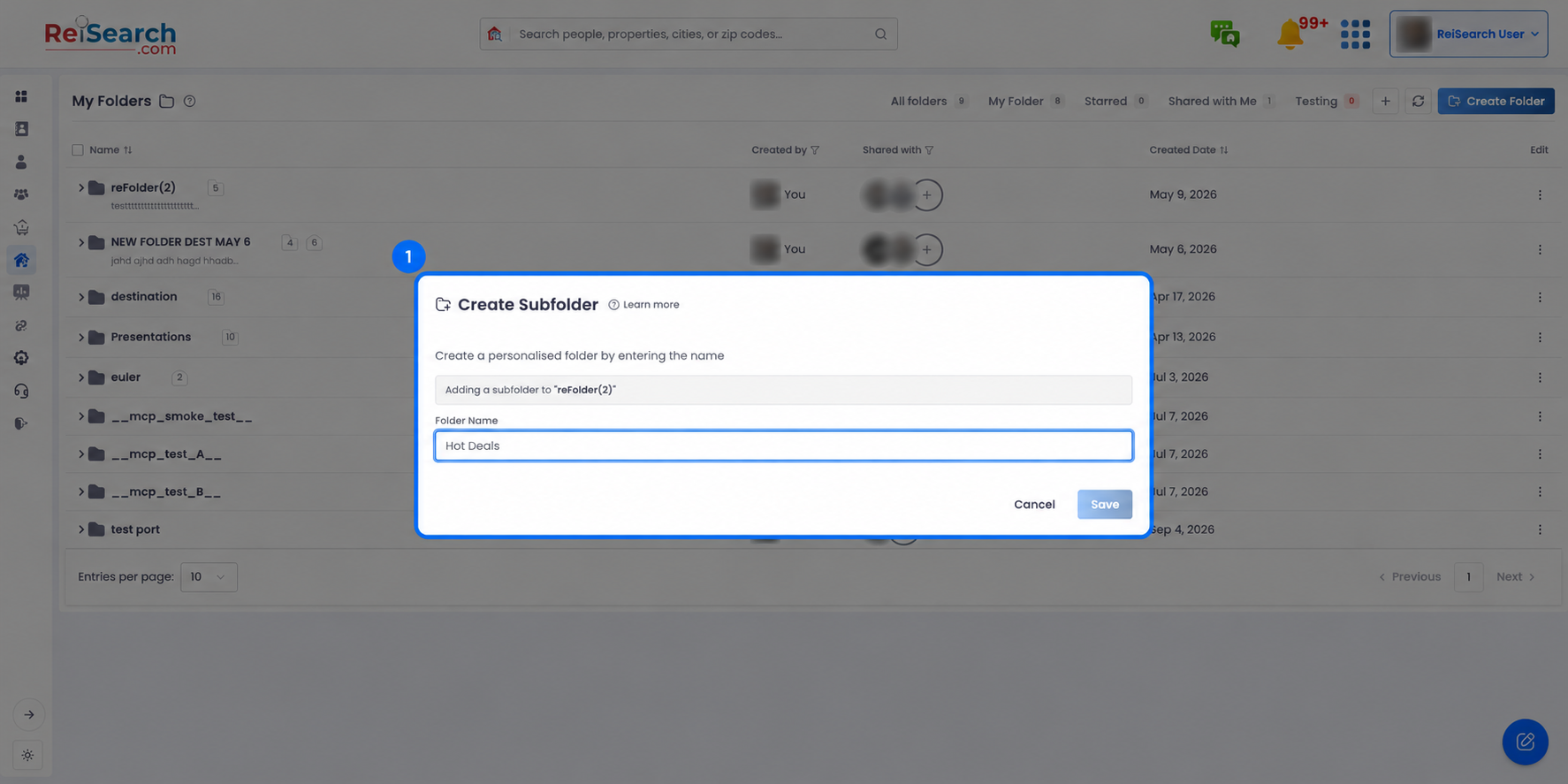 Full ReiSearch Folders workspace with the Create Subfolder dialog highlighted in context.