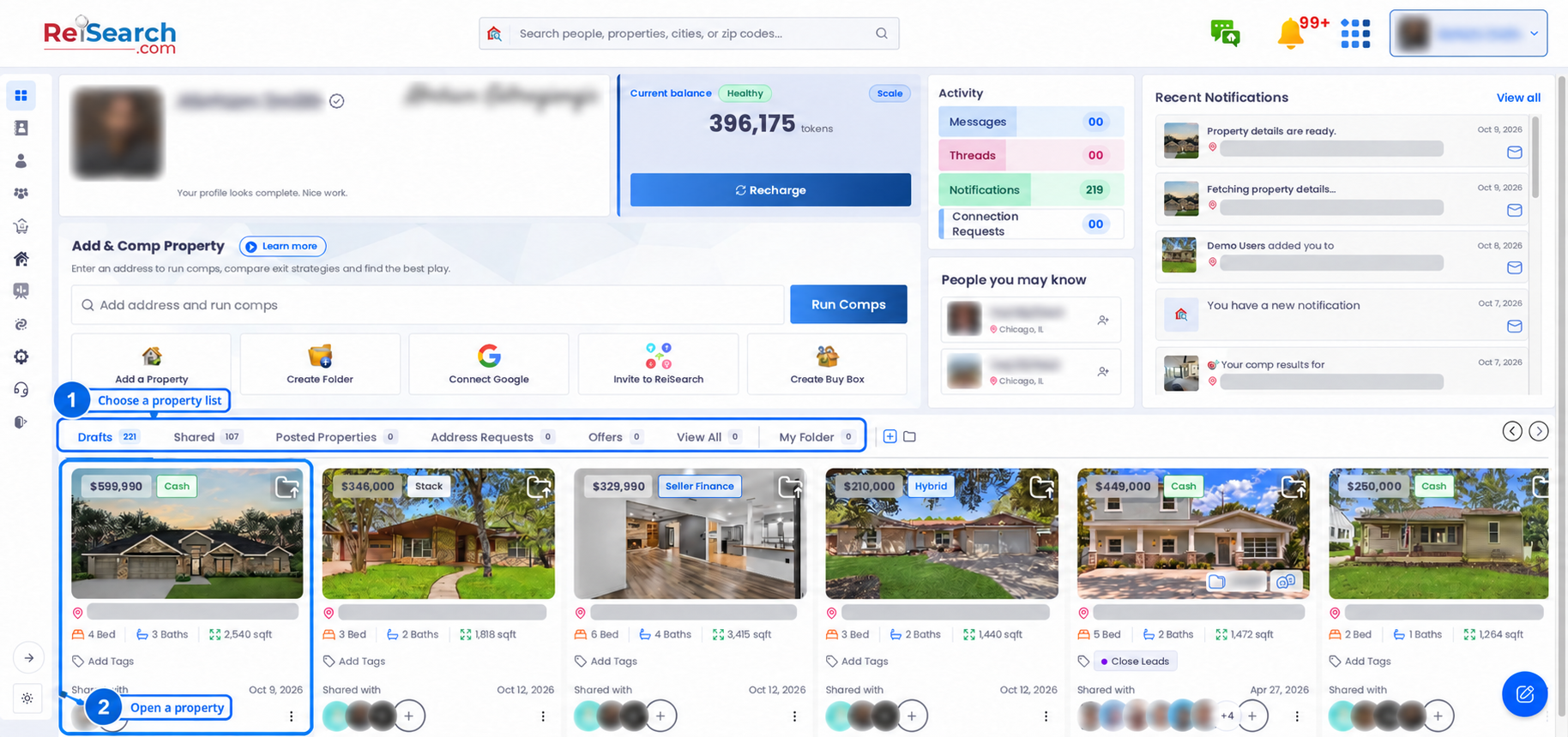 ReiSearch Dashboard with the property-list tabs and first property card highlighted