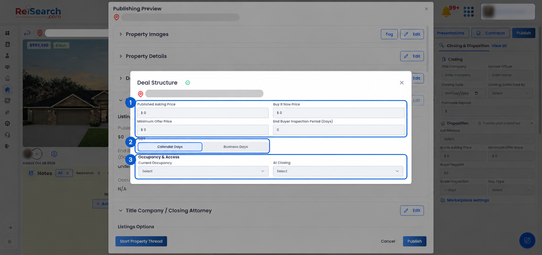 ReiSearch Deal Structure editor showing pricing, inspection-period, and occupancy controls for the marketplace listing