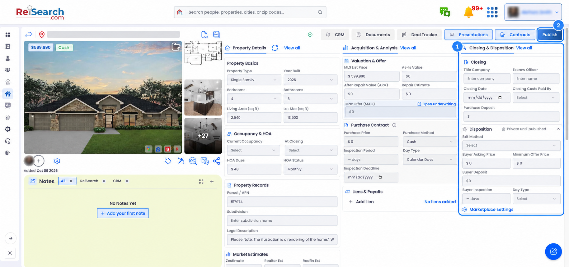 Full ReiSearch property workspace with Closing and Disposition controls and the Publish button highlighted