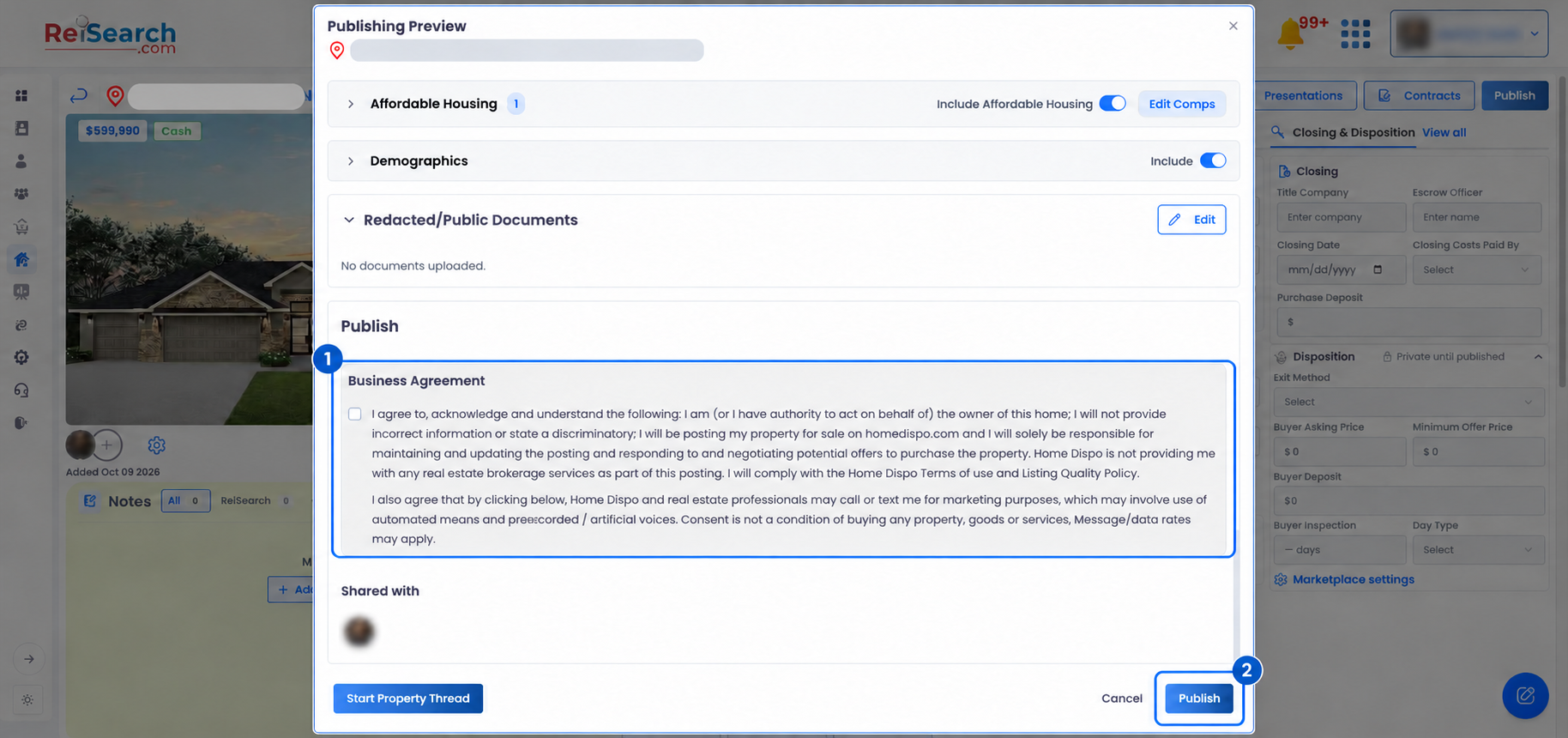 ReiSearch Publishing Preview showing public documents, the business agreement, and final Publish action
