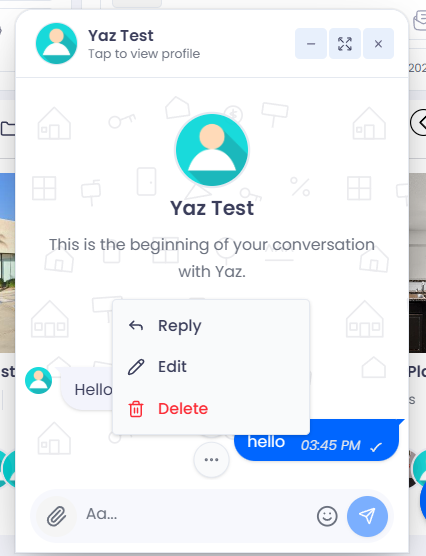 A message’s actions menu open in a chat, showing Reply, Edit, and Delete.