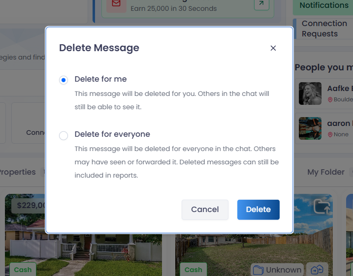 The delete dialog offering two choices: ‘Delete for me’ and ‘Delete for everyone’.