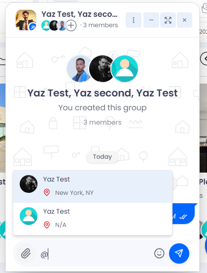 Typing @ in a group’s message box opens a dropdown of members you can mention.