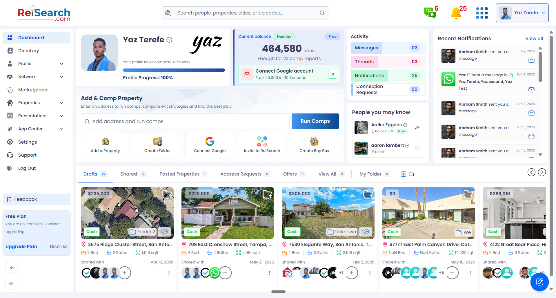A full screenshot of the ReiSearch dashboard, including the complete top navigation bar with the green chat icon (and its red unread badge), the bell, the grid, and the profile menu on the right.