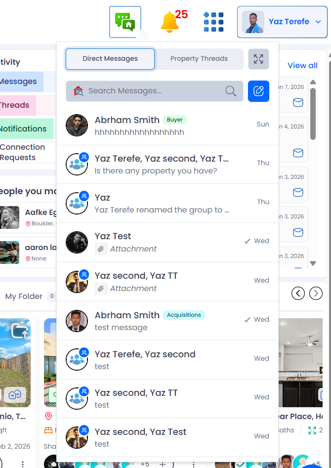The inbox popup panel open below the chat icon, showing the ‘Direct Messages’ and ‘Property Threads’ tabs at the top, the search bar with the new-message button beside it, the list of recent conversations, and the expand button in the top-right of the panel.
