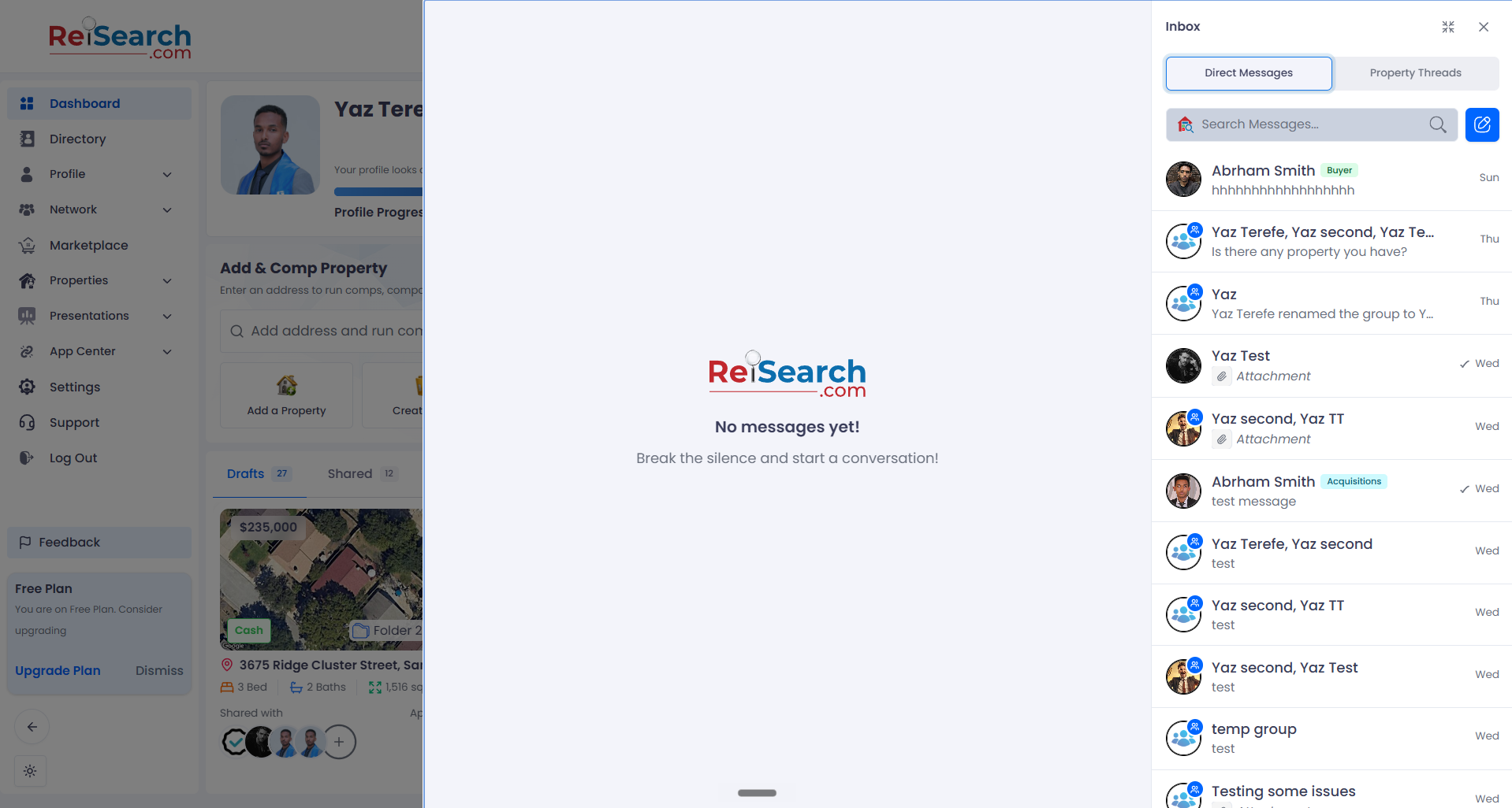 The expanded inbox with no chat open yet; the conversation list runs down the right side.