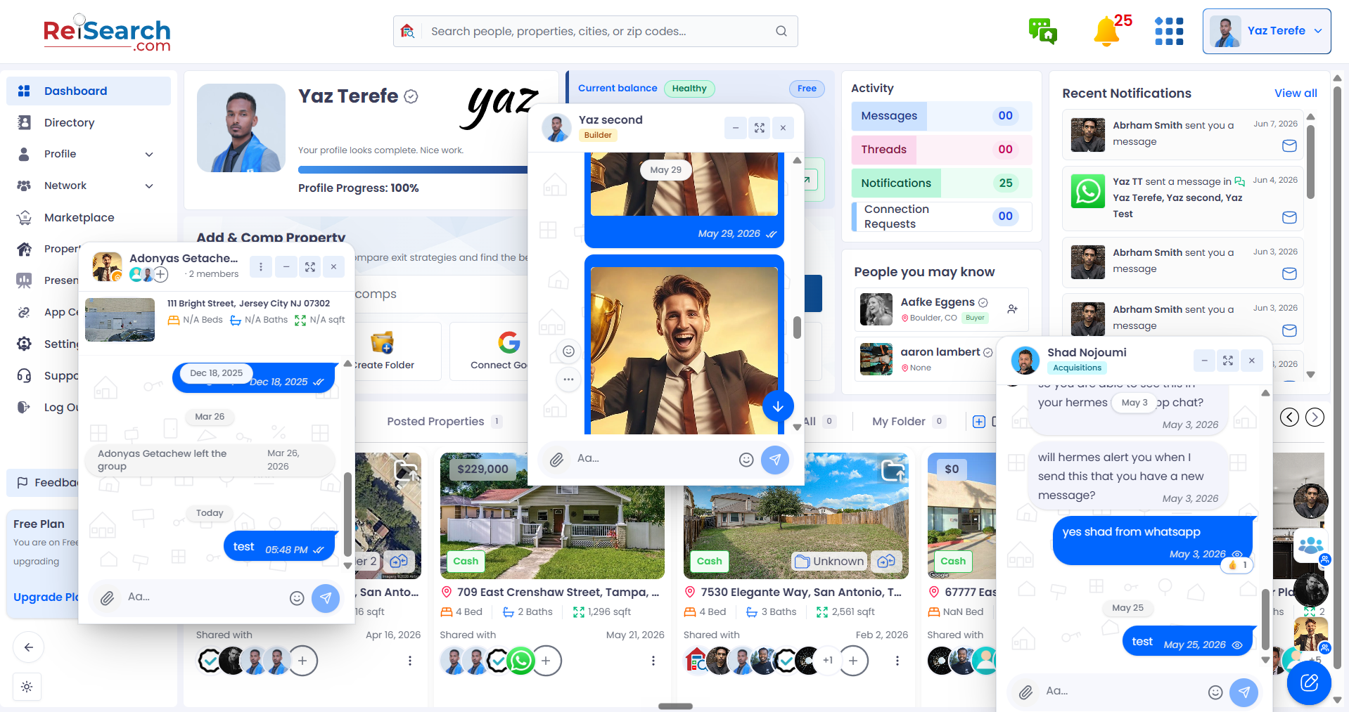 A desktop view with several floating chat windows open over the app; each window header has a minimize button, and a vertical dock of minimized chats sits on the bottom-right edge.
