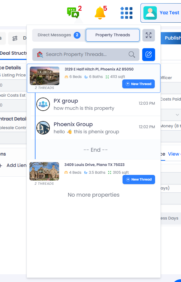 The Property Threads tab in the inbox.