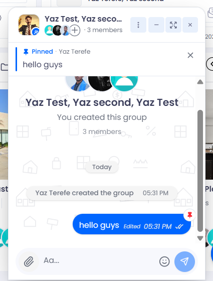 A group conversation with a pinned-message banner at the top showing the pinned message’s author and text.