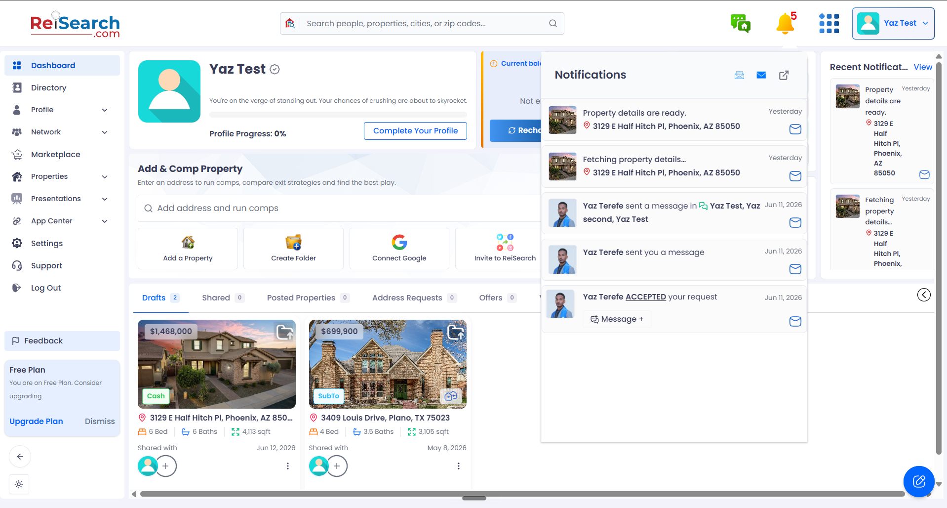 The notification popover open, listing recent notifications.