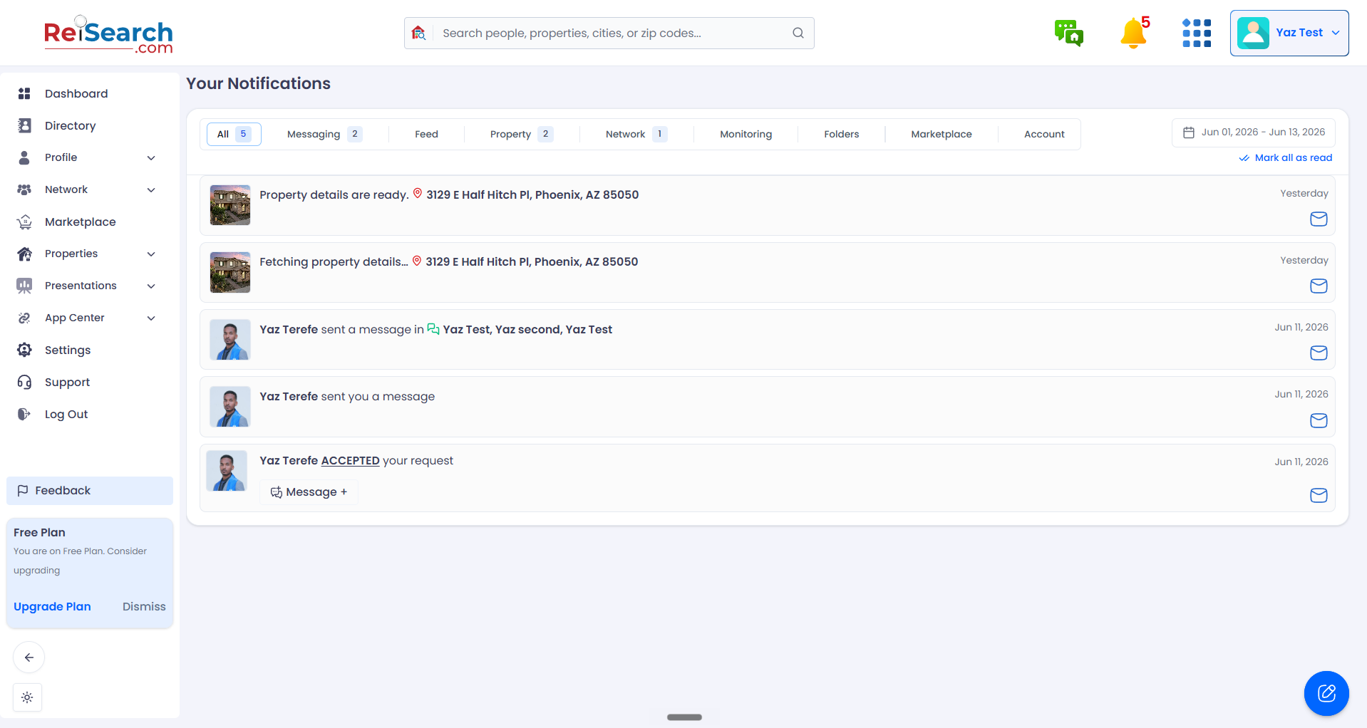 The full notifications page.