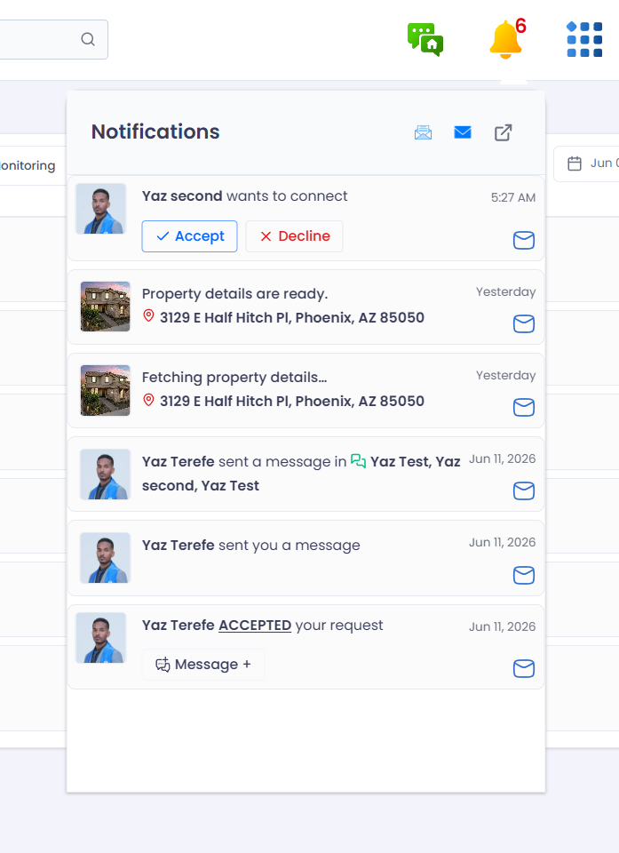 A connection-request notification (‘Yaz second wants to connect’) with inline Accept and Decline buttons.