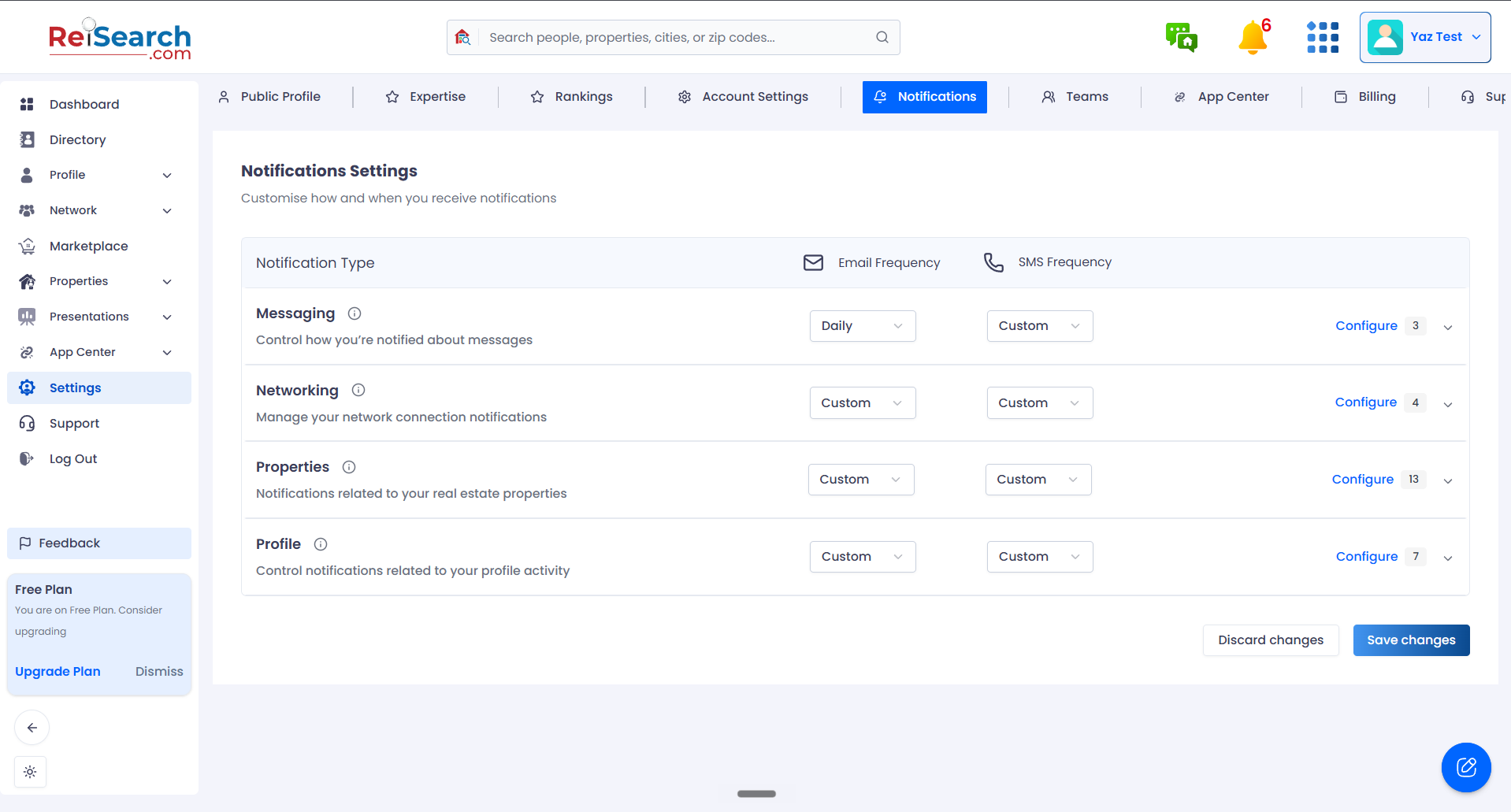 The Notifications settings page.