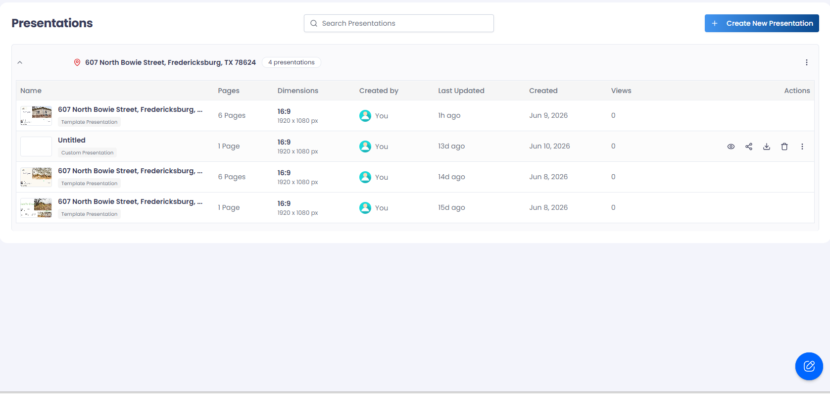 The ReiSearch Presentations dashboard with search and the Create New Presentation button.