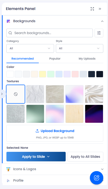 The Backgrounds panel with color swatches, a texture grid, Category/Style filters, Upload Background, and Apply to Slide / Apply to All Slides buttons.