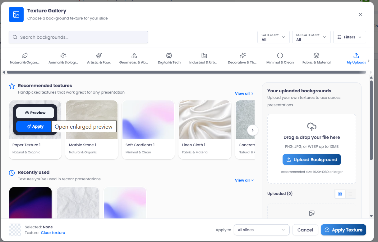 The Texture Gallery: recommended and recently-used textures, category tabs, a preview, an upload section, and Apply/Cancel buttons.
