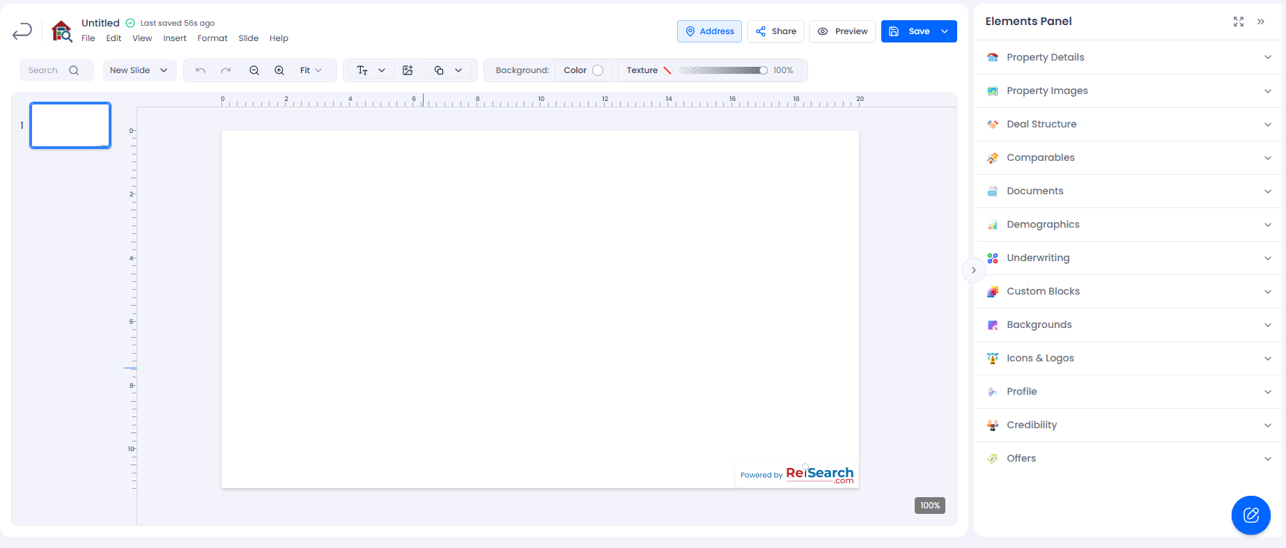The presentation editor with its header, slide sidebar, canvas, toolbar, and Elements panel.