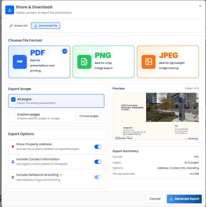 The Download File tab with format, scope, export options, and an export summary.