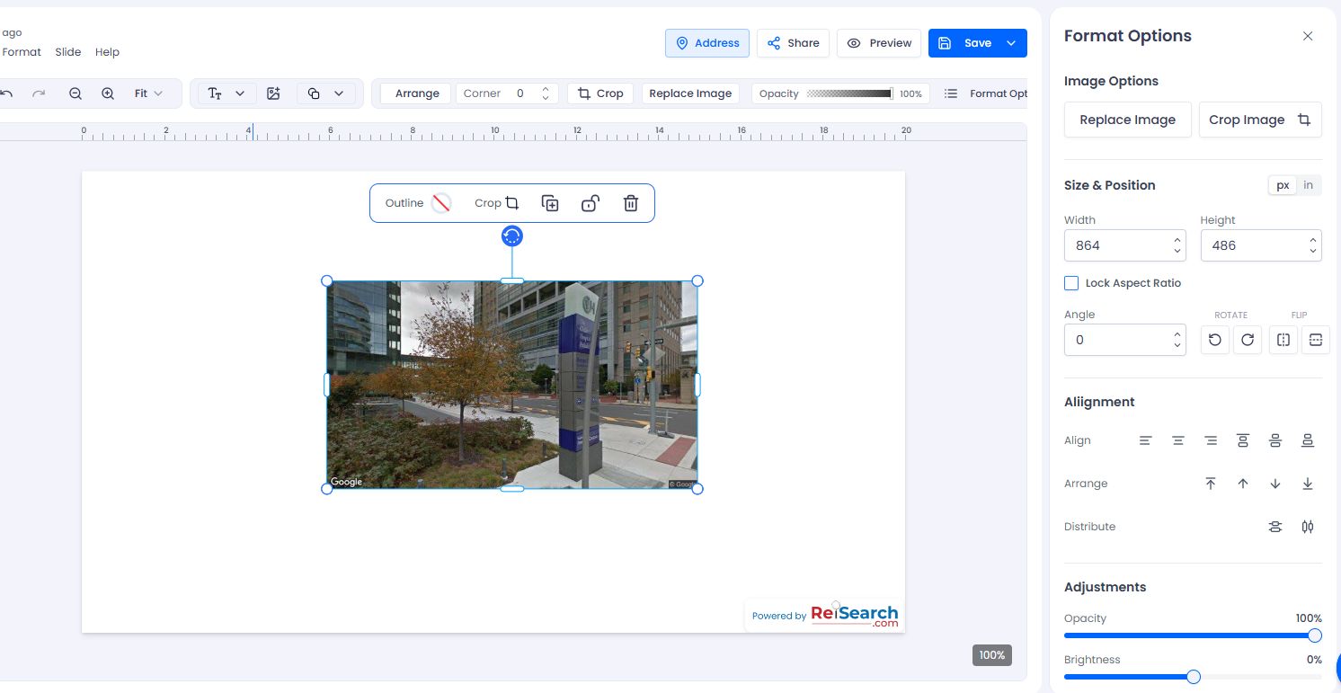 An image selected on the canvas with resize handles and the format panel open on the right showing Size & Position, Arrange, and effects.