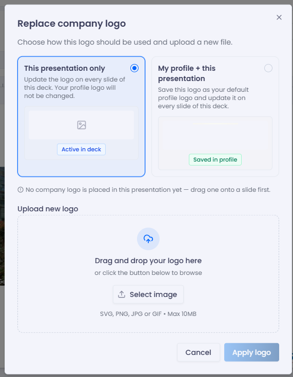 The company logo dialog with two scope cards (This presentation only / My profile + this presentation) and a drag-and-drop upload area.