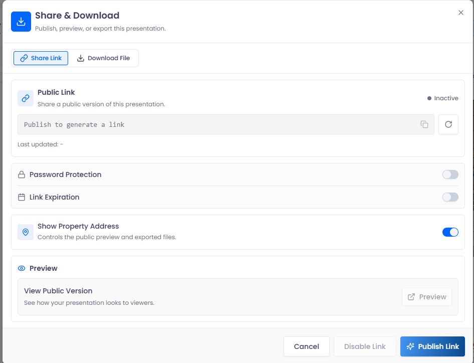 The Share Link tab showing public-link status, password protection, expiration, address visibility, and publish controls.