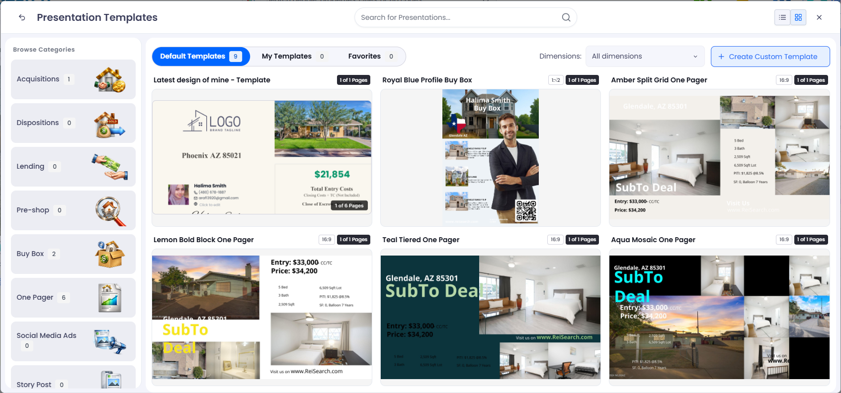 The template library with available categories, template tabs, dimensions, and preview cards.