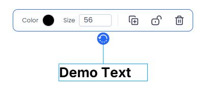 A selected text box with the floating text toolbar showing color, size, and quick actions.