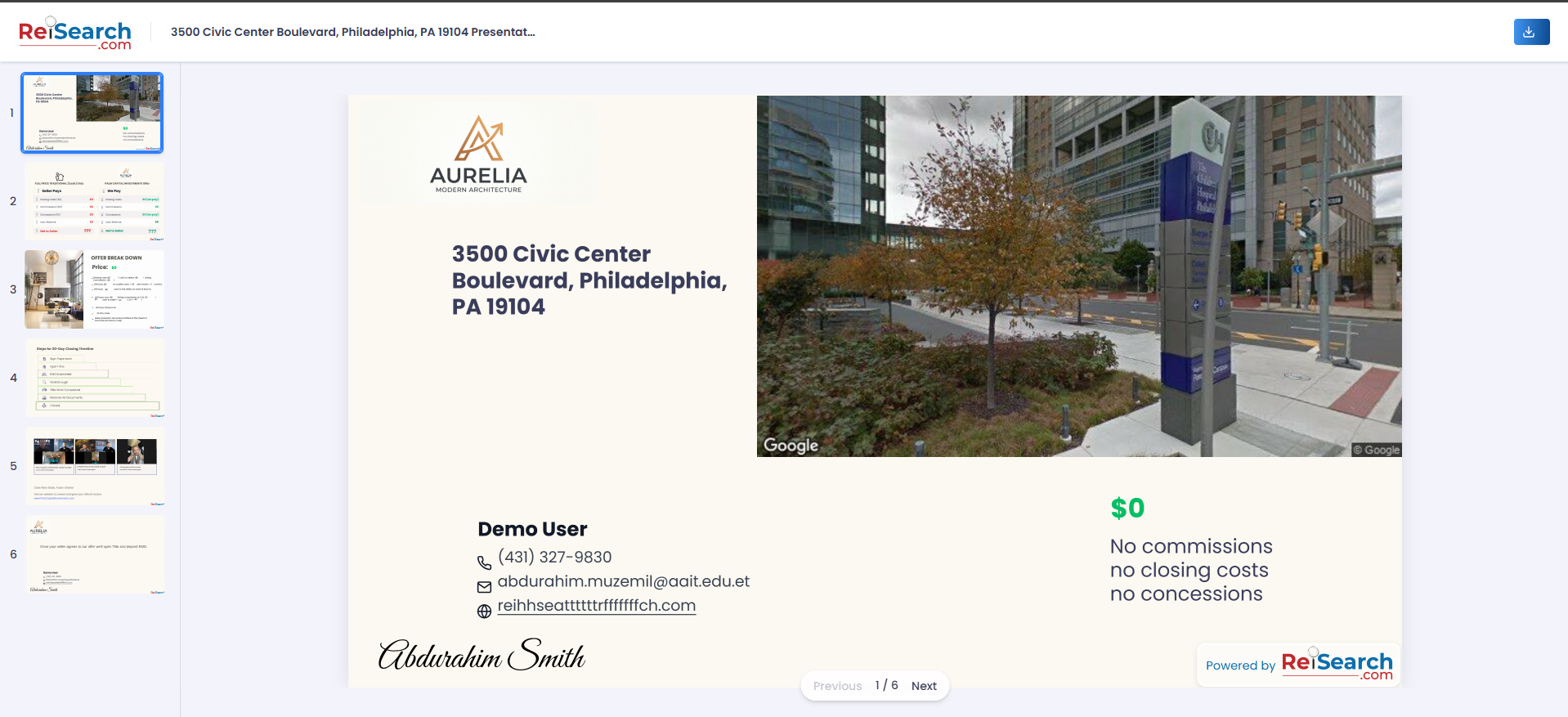 The shared presentation viewer: the slide thumbnail sidebar on the left, the current slide on the canvas, and the slide navigation at the bottom.