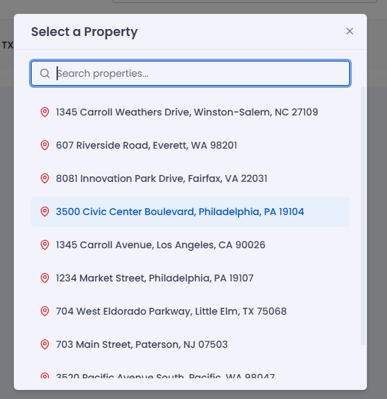 The Select a Property dialog with a search field and a list of available properties.