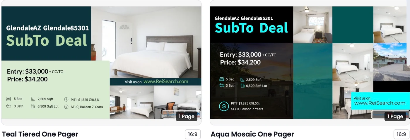 Teal Tiered and Aqua Mosaic public one-page template previews.