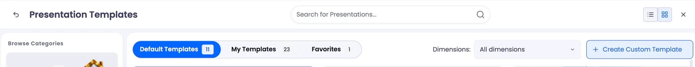 Presentation Templates library with Default Templates selected, search, and dimension controls.